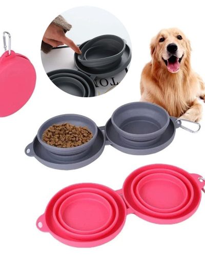 Collapsible Double Dog Bowls with Mat – Portable Food & Water Set